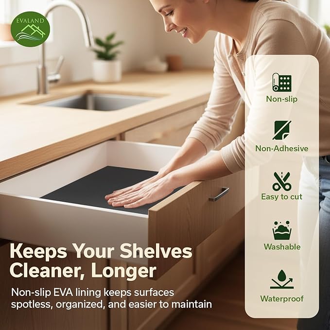 EVALAND Shelf Liners for Kitchen Cabinets Non-Adhesive 12" x 33 FT Black Drawer Liner Non Slip, Washable Cabinet Liner, Waterproof Shelf Liners for Cabinets, Refrigerator Bathroom Pantry - Thickened