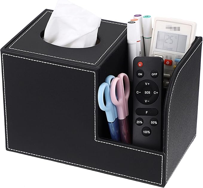 Sumnacon Square Leather Tissue Box Cover - Decorative Cube Tissue Box Holder with Side Organizer, Modern Tissue Box for Living Room Vanity Night Stand Table Countertop Office, Black