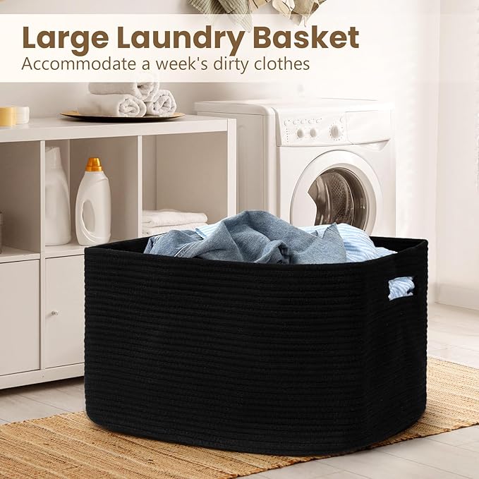 95L Large Blanket Basket, Woven Storage Baskets with Reinforced Handles, Rope Laundry Basket for Living Room, Bedroom, Nursery, Toys, Clothes,Pillows, 24â x 17â x 13.5â, Black