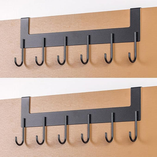 Over The Door Hooks, Over The Door Hanger, Heavy Duty Metal Over The Door Towel Rack, Door Hooks for Hanging Coat, Towel, Bag, Robe - 6 Hooks(Matte Black 2Pcs)