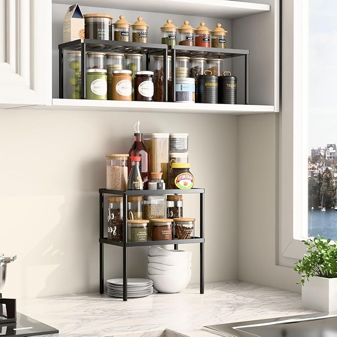 PEKER Cabinet Organizer Shelf, 2 Tier Kitchen Cabinet Organizer with Stackable Cabinet Shelves for Kitchen Countertop Storage, Metal Kitchen Shelf Organizer for Spice, Pantry & Under Sink