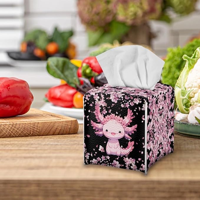 Axolotl Cherry Blossoms Tissues Cube Box Cover with Bottom Belt Decorative Tissue Box Cover for Bathroom Vanity Countertop Office Desk