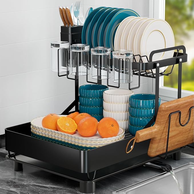 Dish Drying Rack for Kitchen Counter, Stainless Steel 2 Tier Dish Rack w Drainboard, Foldable 360° Rotatable & Expandable Drainer, Space-Saving Dish Strainers for Kitchenware