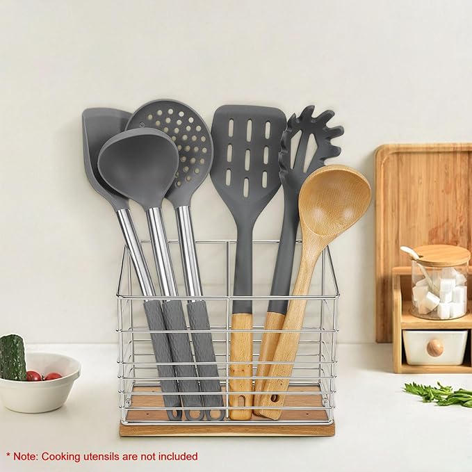 Utensil Holder for Kitchen Counter, Metal Utensil Holder Rack for Kitchen Countertop, Cooking Tools Storage for Spatula, Utensil Organizer with Wooden Base, and Drainage Hole (Chrome Wooden)