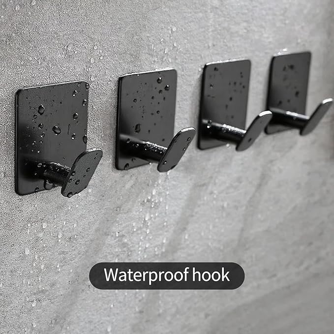 Adhesive Towel Hooks for Bathroom, 4-Pack Matte Black Stainless Steel Wall Hooks, Heavy-Duty No-Drill Adhesive Hooks for Towels, Coats, Jackets, Kitchen, Shower, RV & Apartment Decor