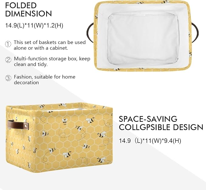 AUUXVA Bee Storage Basket Yellow Honeycomb Beehive Geometric Pattern Storage Cube Box Canvas Collapsible Toy Basket Organizer Bin with Handles for Shelf Closet Bedroom Home Office