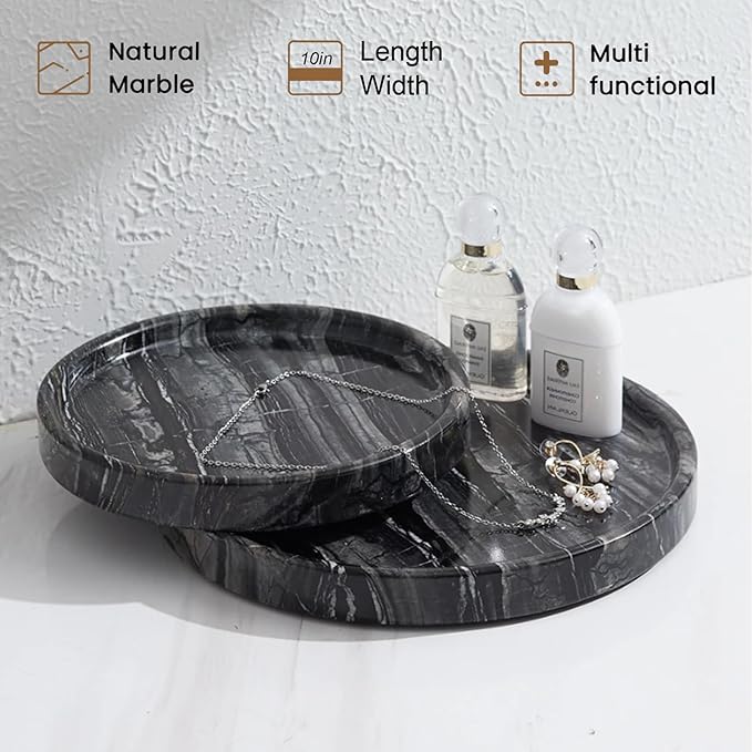 Natural Marble Tray, Round Black Tray for Bedroom/Bathroom/Kitchen/Vanity Countertop, Jewelry Tray for Rings Earrings Necklace Bracelet Watch, Room Decor Aesthetic