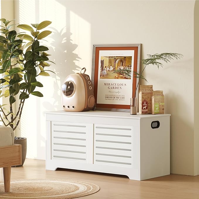 DINZI LVJ Storage Chest, 43.3â Wooden Toy Box with 2 Safety Hinges, Retro Entryway Shoe Storage Bench with Flip-Top, Sturdy Large Storage Trunk for Living Room, Bedroom, Easy Assembly, White