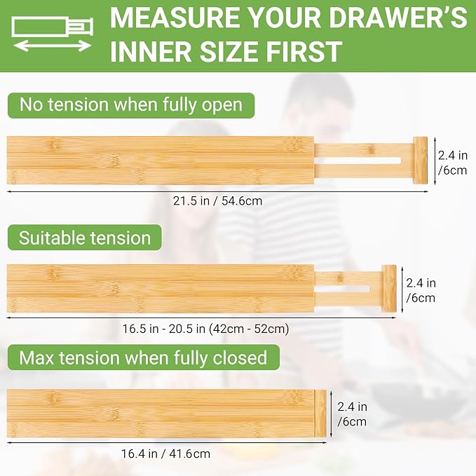 Bamboo Drawer Dividers 4 Pack, 16.4"-21.5" Expandable Drawer Organizer Separators for Kitchen, Bedroom, Dresser