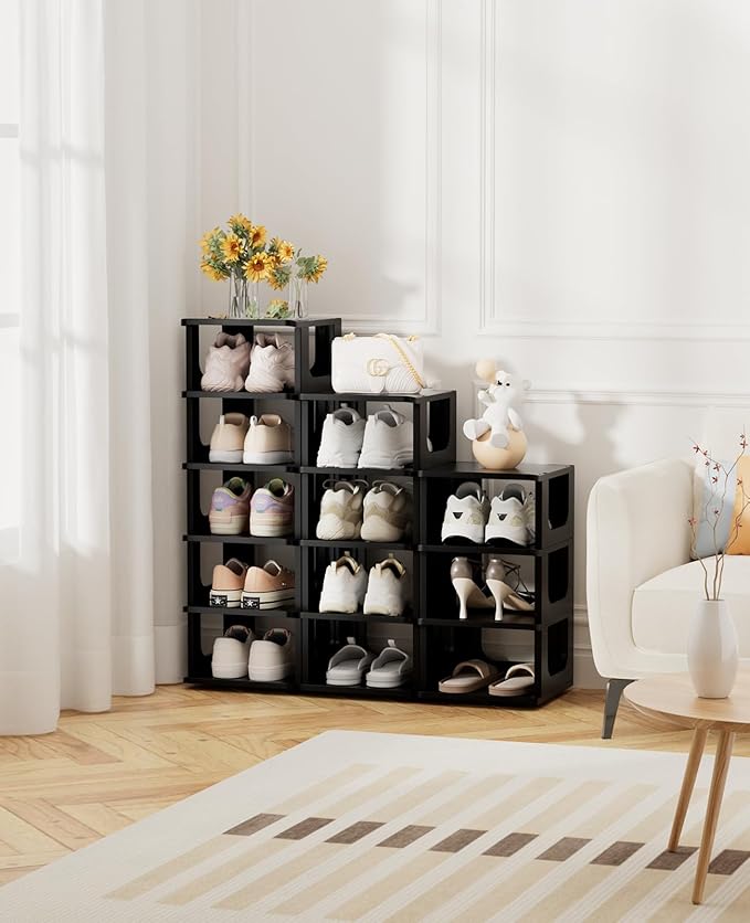 HAIXIN Shoe Organizer Rack for Small Spaces 5 Tier Plastic Vertical Narrow Shelves for Closet Black Shoe Holder, Stand for Entryway Storage Boots Organizer Stackable Cabinet (Pack of 2)