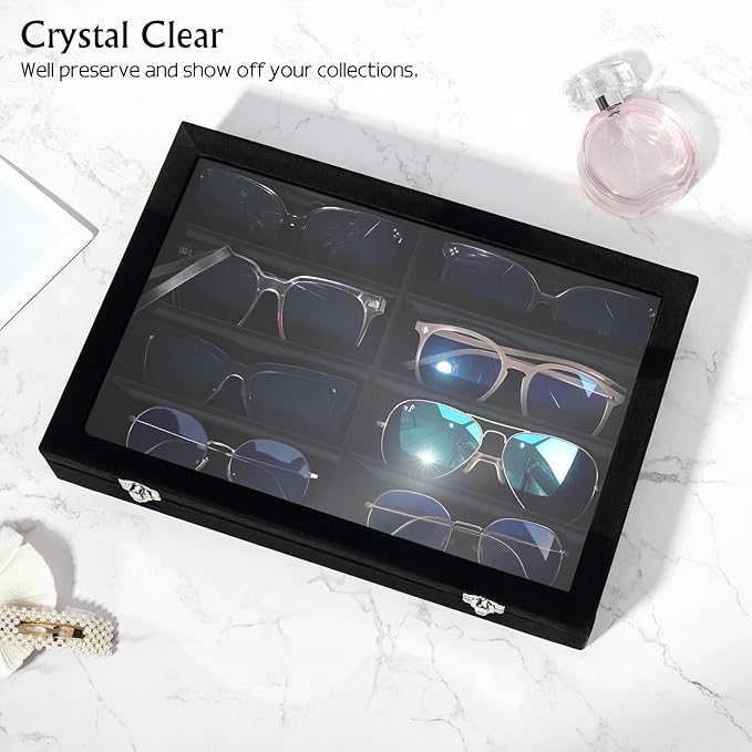 Emibele Glasses Organizer Jewelry Tray, 8 Grids with Clear Lid Velvet Tray Watch Storage Stackable Jewelry Showcase Display Storage with Detachable Inner Dividers, Black