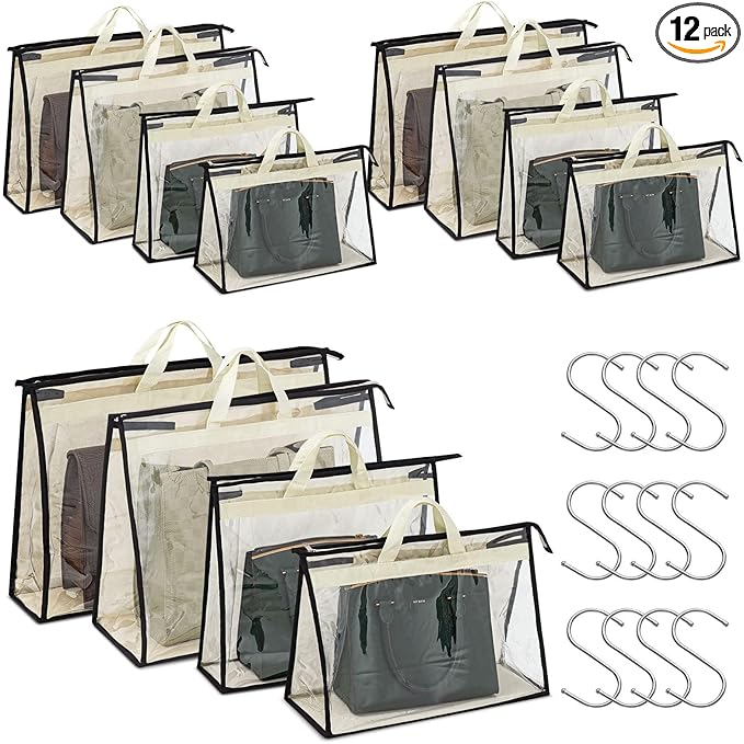 Interesse 12 Packs Dust Bags for Handbags, Clear Handbag Storage, Purse Storage Organizer for Closet, Purse Cover Hanging Closet Organizer with Zipper and Handles