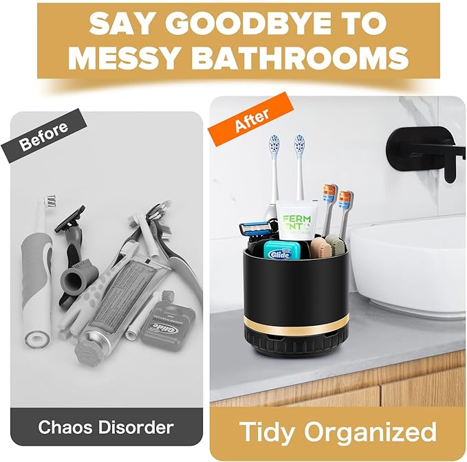 Bathroom Organizer Countertop - Rotating Black Toothbrush Holder for Bathroom Accessories Organization Detachable 6 Slots Bathroom Sink Storage Caddy Vanity Organizer