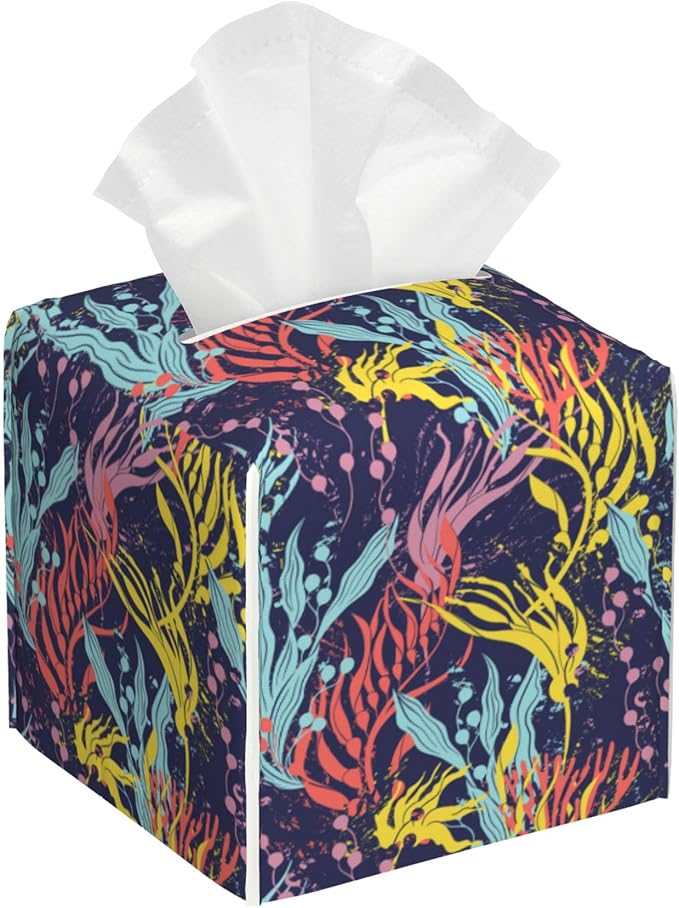Tissue Box Cover Colorful Seaweed and Coral Leather Tissue Box Holder Cube Paper Case Cover Facial Paper Organizer Dispenser for Bathroom, Vanity Countertop, Office Desk