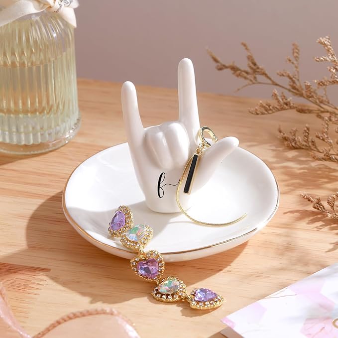 PUDDING CABIN Initial Ring Holder Hand Ring Dish Ring Tray for Jewelry Rings Earrings Bracelet Organizer, Monogrammed Gifts for Women Valentine's Day, Birthday, Wedding, Mothers Day, Bride Gifts