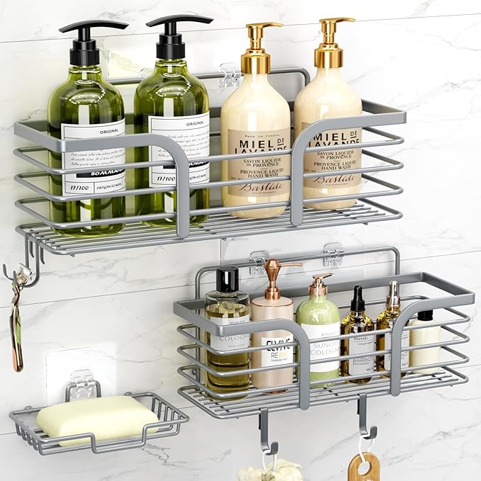 Yougai Shower Caddy, Shower Organizer with Soap Holder and Hooks, Rustproof Shower Shelves, No Drilling Bathroom Organizers and Storage, Wall-Mounted Kitchen & Home Decor (Light Grey)