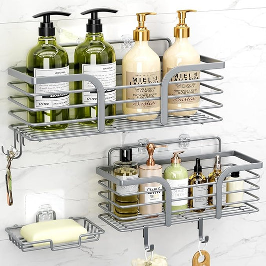 Yougai Shower Caddy, Shower Organizer with Soap Holder and Hooks, Rustproof Shower Shelves, No Drilling Bathroom Organizers and Storage, Wall-Mounted Kitchen & Home Decor (Light Grey)