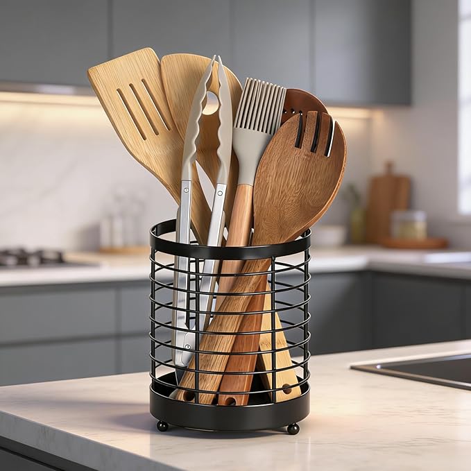 Utensil Holder for Kitchen Counter, Stainless Steel Utensil Crock for Cooking Tools, Spatula, Silverware Forks, Knives, Spoons Countertop Organizer