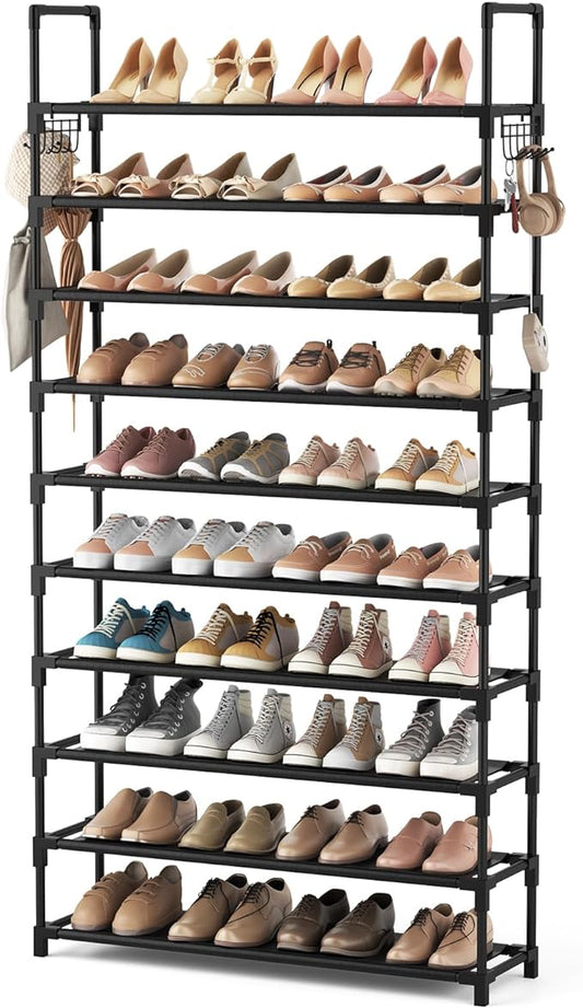 VTRIN 10 Tier Shoe Rack Tall Large Capacity 50 Pair Wide Shoe Organizer with Two Hooks Sturdy Metal Shoe Shelf for Entryway, Closet, Bedroom