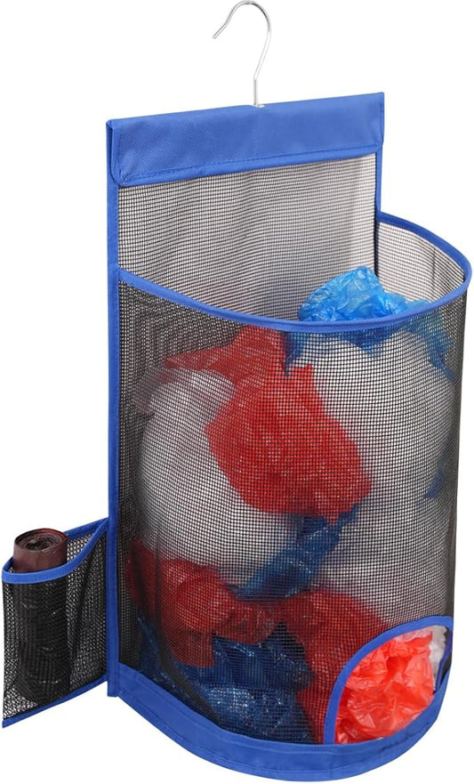 ALYER Hanging Mesh Grocery Bag Holder,Plastic Garbage Bag Dispenser Organizer with Hanger for Kitchen Cabinet Bathroom Laundry,Installation Free (Blue, 17.7" H * 10.6" W * 10" D)