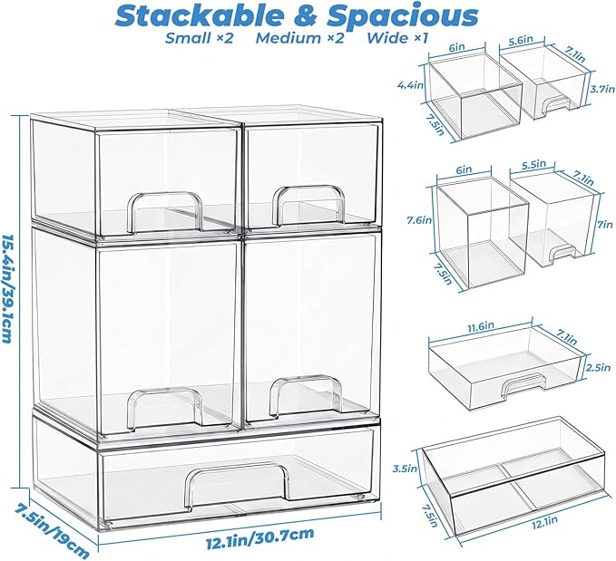 Baby Bottle Organizer, 5 Pack Stackable Storage Dust-proof Drawers, Clear Plastic Bottle Station Organizer for Countertop & Cabinet, Pacifier and Diaper Container for Nursery