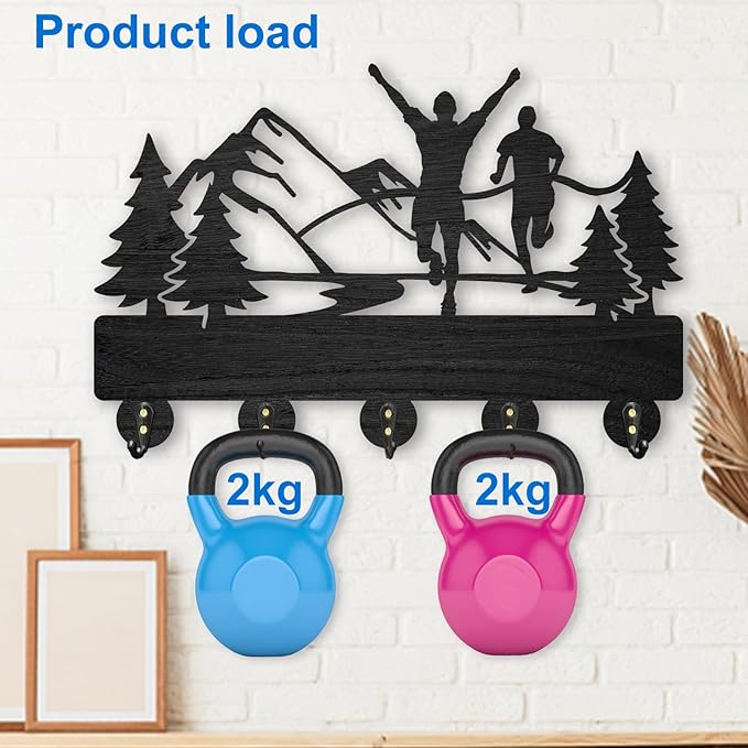 MAYJOYDIY Marathon Wall Mount Coat Rack 11.8×8inch Mountain Tree Key Holder Run Wood Wall Coat Rack Hooks with 5 Metal Hooks for Hanging Sports Medals Bracelets Hats Keys Storage Gift Home Decor