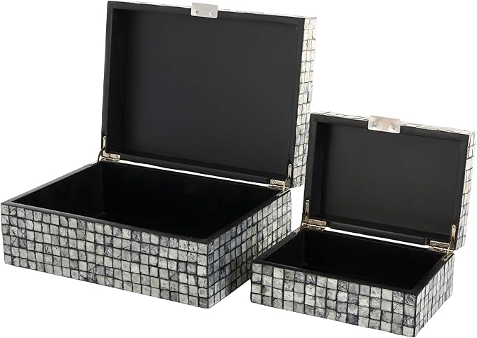 Deco 79 Mother of Pearl Shell Geometric Handmade Decorative Box Square Mosaic Storage Decorative Keepsake Box with Beige Accents, Set of 2 Storage Box 12", 8"W, Gray