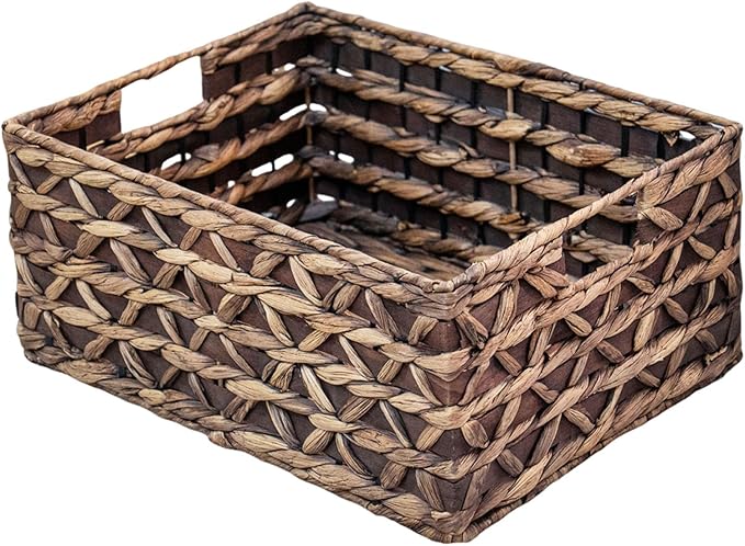 Rectangular Wicker Storage Basket with Iron Structure & Wood Accents, 15.75Ã11.42Ã7.09 Inches, Perfect for Home Organization