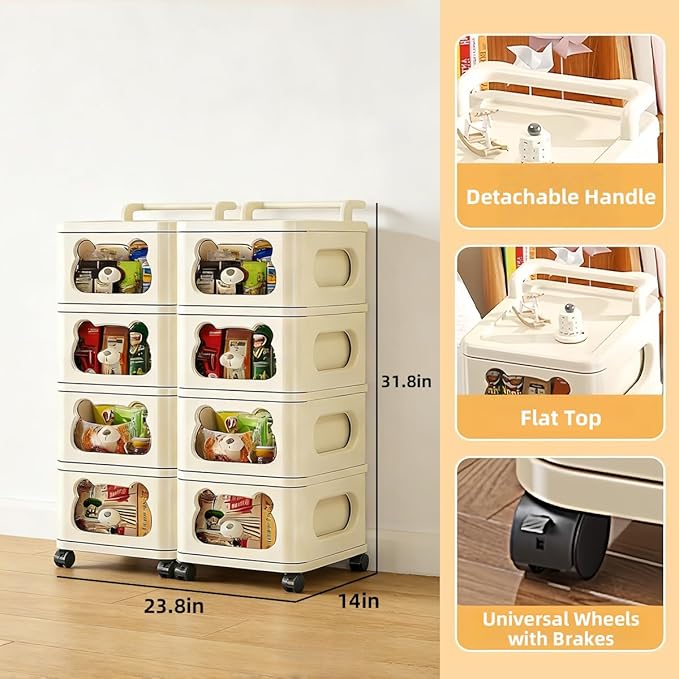 Drawer Storage Organizer, Rolling Storage Cart with 8 Drawers, Plastic Drawer Tower Organization Storage Container with Wheels for Home, Bathroom, Kitchen, Entryway, Office, Dorm