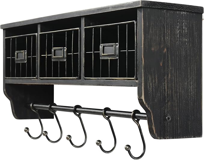 HBCY Creations Wall Mounted Shelf with Coat Hooks and Baskets, Solid Wood Entryway Organizer Wall Shelf with Hooks - Hang Coats, Keys or Coffee Mugs, Rustic Blackwash 24" Wide