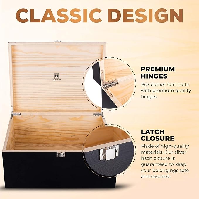 Wooden Gift Boxes - Large Memory Box For Keepsakes, Decorative Boxes With Lids, Wooden Box With Hinged Lid, Black Box, Wood Boxes, Storage Box With Lid, Wooden Storage Box Wood Box With Lid