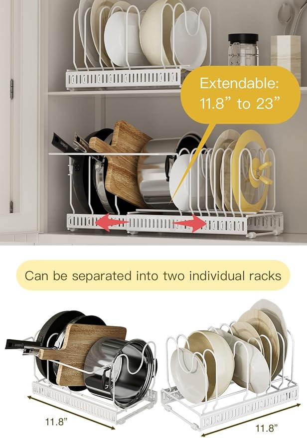 Pot and Pan Organizer for Cabinet & Drawer, Expandable Pan and Lid Rack with Handle Support Bar, Adjustable Cookware Storage for Pots, Lids, Bakeware