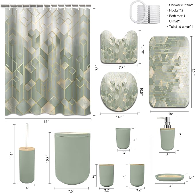 Lnond Sriral Green Bathroom Set, Green Abstract Cubes Bathroom Accessories Sets Complete, Luxury Restroom Set with Shower Curtain and Rugs, Trash Can, Toilet Brush Holder Set & Soap Dispenser