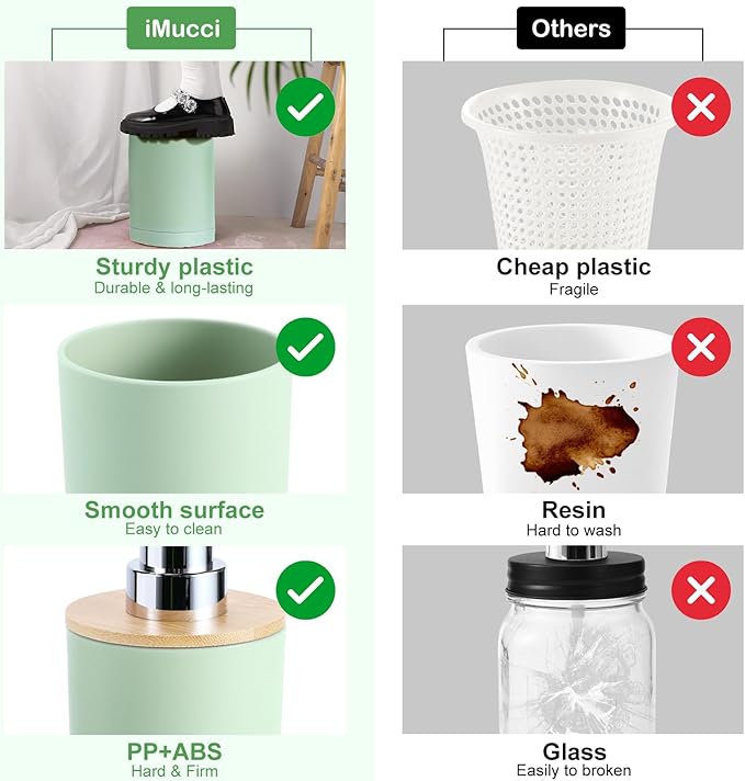 iMucci 9Pcs Pastel Green Bathroom Accessories Set - with Trash Can,Toilet Brush,Toothbrush Holder, Lotion Soap Dispenser, Soap Dish,Toothbrush Cup,Qtip Holder (Bamboo Cover)