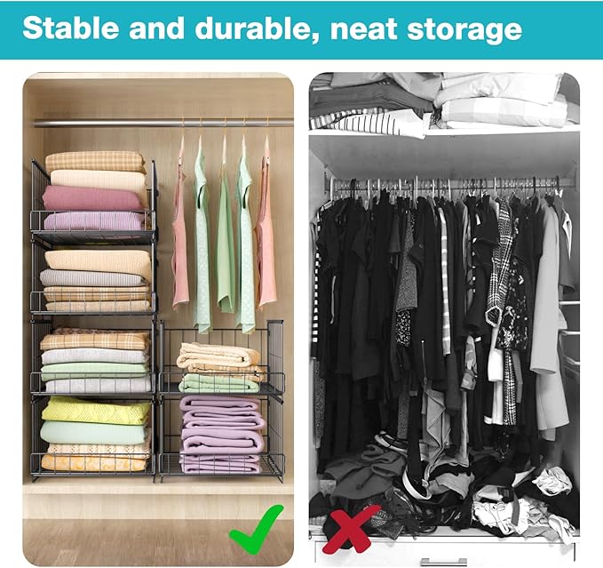 4-Tier Stackable Closet Organizers and Storage Shelves,Foldable Closet Shelf Organizer System, Space-Saving Clothes Storage Drawer Organizer for Wardrobe