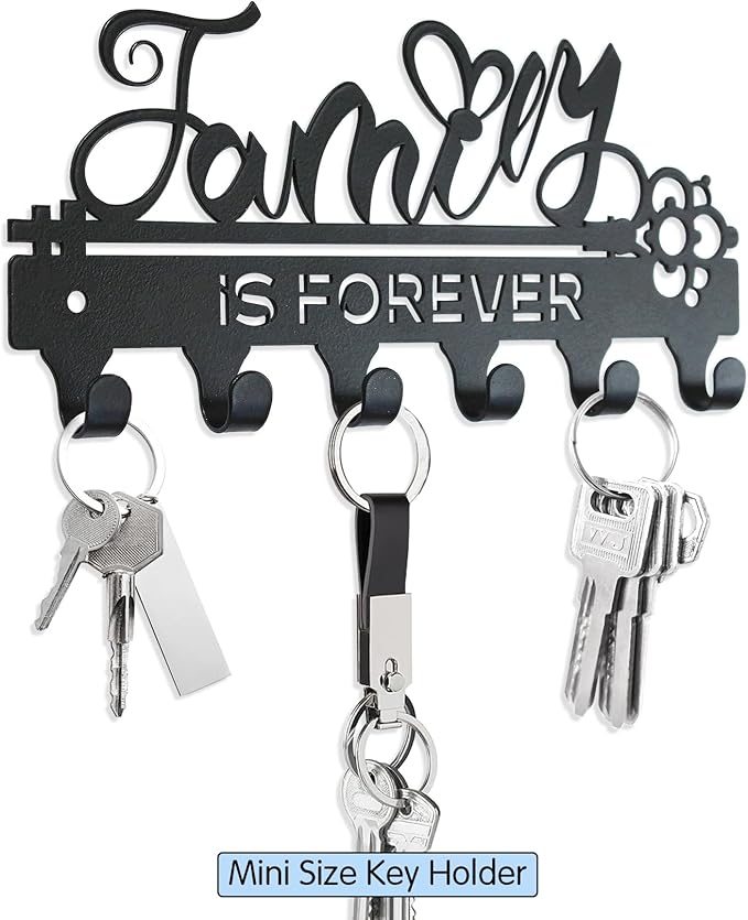 ”Family is Forever”Mini Key Holder Wall Mounted,Small Key Holder on Wall,Black Metal Decorative Key Rack Hooks for Garage,Mudroom,Hallway,Entryway,Front Door,Office(Mini Size:18.5x8.5cm)