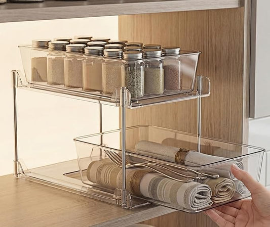 1 Pack Bathroom Organizer,2 Tier Clear Under Sink Organizers Vanity Countertop Storage Container,Cabinet Drawers Bins, Pull-Out Organization with Track for Pantry, Kitchen