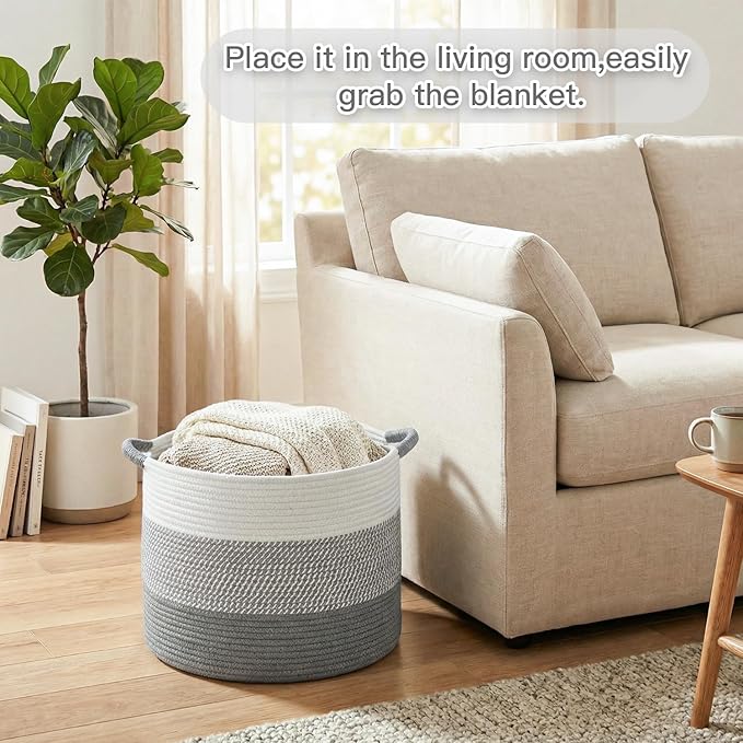 40L Large Cotton Rope Basket, Decorative Woven Blanket Storage for Living Room, Boho Toy Storage & Toy Box for Kids, Versatile Laundry Basket & Nursery Hamper for Blankets(Gery)