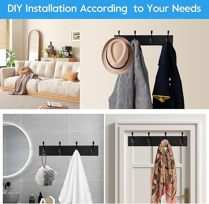 HOME MASTER HARDWARE Coat Rack Wall Mount Black, MDF Wall Mounted Coat Hooks for Hanging Coats, 16" Hat Rack for Wall with 4 Hooks