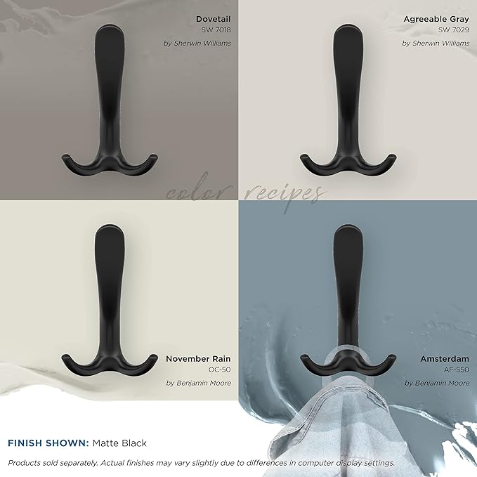 Amerock HBX37013MB | Finesse Triple Prong Decorative Wall Hook | Matte Black Hook for Coats, Hats, Backpacks, Bags | Hooks for Bathroom, Bedroom, Closet, Entryway, Laundry Room, Office