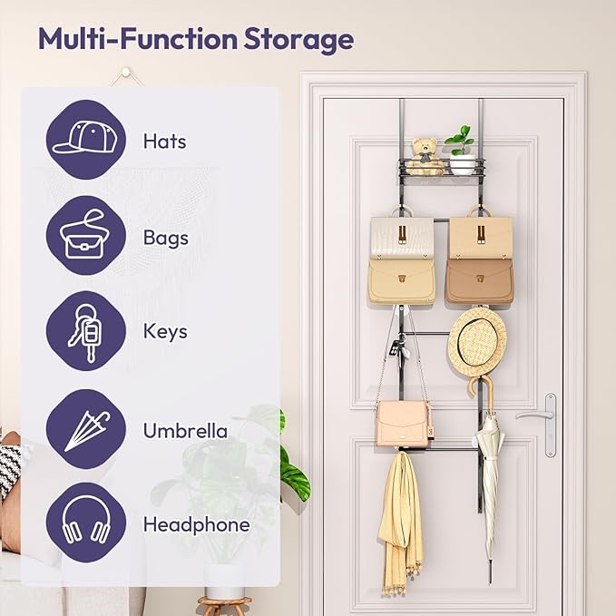 Over The Door Purse Organizer with 16 Hooks and Metal Basket - Space-SavingPurse Rack and Bag Organizer for Closet，Door - Handbag and Purse Storage