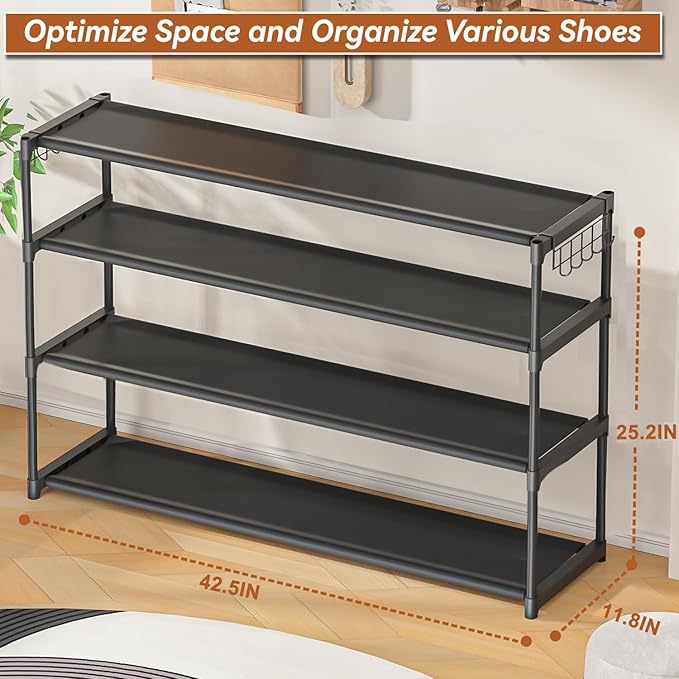 Extra Long Shoe Rack 4 Tier Shoe Storage Organizer with 2 Hooks, Wide Stackable Shoe Organizer Racks for Closet Entryway,Shoe Shelf Stand Sturdy Durable Shoes Holder Save Space Up to 26Pairs