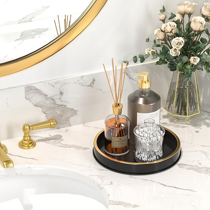 HGF Round Serving Tray, Black Brushed Gold, 9 Inch Metal Trays for Napkin Holder Condiment Spice Organizer, Decorative Tray for Coffee Table Kitchen Decor