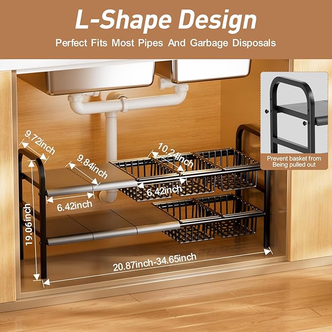 Under Sink Organizers and Storage,Detachable Panels and Baskets,Under Sink Storage,Adjustable 2 Tier Under Kitchen Sink Organizer (5 partitions)