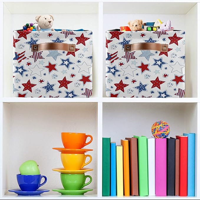 Bolaz Large Storage Basket White American Flag Usa Stars Foldable Storage Box Organizer Bins with Handles for Bedroom Home Office