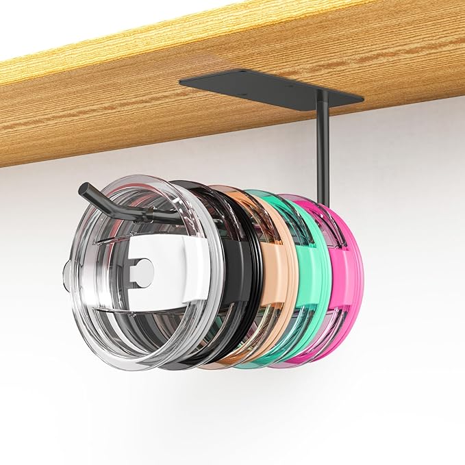 Tumbler Lid Organizer - Stainless Steel Holder, Self Adhesive or Drilling Tumbler Lid Storage Hook, Wall Mount for Kitchen Cabinet (Black)
