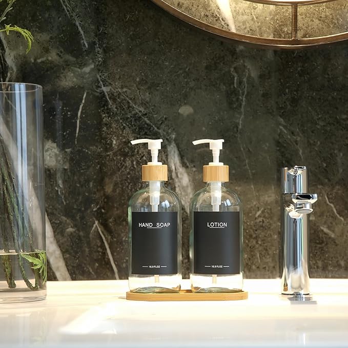 Clear Glass Soap Dispenser with Bamboo Pumps&Tray&Labels, Hand Dispenser, Lotion Dispenser, Dish Soap Dispenser for Kitchen Sink. (Clear)