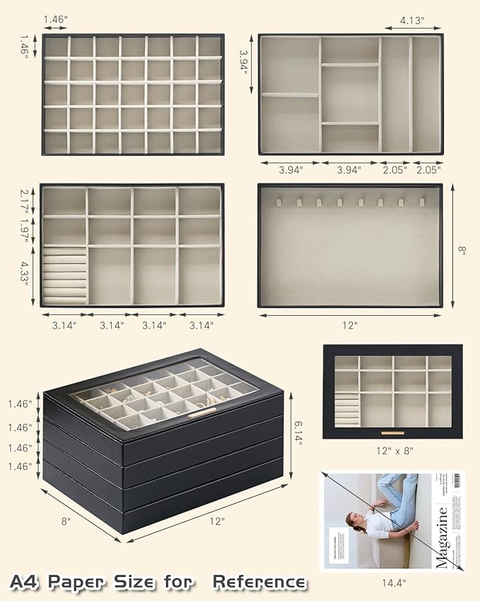 Large Jewelry Organizers and Storage Box, 4 Layers Stackable Jewelry Organizer Trays Clear Lid Cover for Drawers, Jewelry Boxes for Women, Stacker Jewelry Display Case (Black)