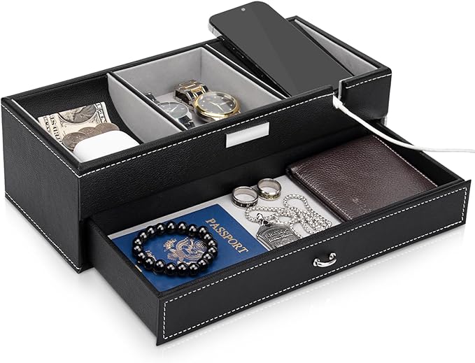 Baoyun Mens Valet Tray, Nightstand Organizers for Men, Leather Jewelry Storage Box Bedside Table Organizer EDC Catch All for Jewelry Key Wallet and Phone