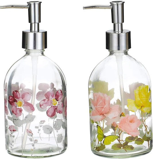 17oz Glass Soap Dispenser with Plastic Pump, 2 Pack Refillable Kitchen Soap Dispenser for Dish Soap, Soap Dispenser Bathroom for Hand Soap, Lotion, Body Wash(Flower)